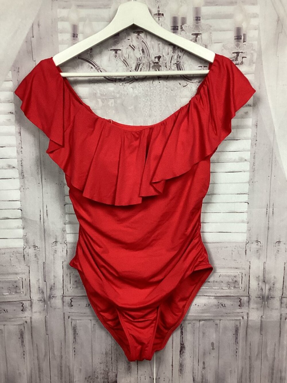 LA BLANCA Off The Shoulder One-piece Swimsuit Red Ruffle M